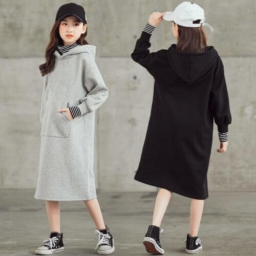 Teen Girls Thicken Dress 2020 Winter Children New Stripe Turtleneck Casual Dresses Kids Girls Hooded Midi Fashion Dress, #9234