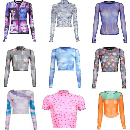 YiYiMiYu 2021 Y2K Top Sexy Women T Shirt See Through Transparent Mesh Tops Cropped Tops Women T-shirt Summer Body Aesthetic