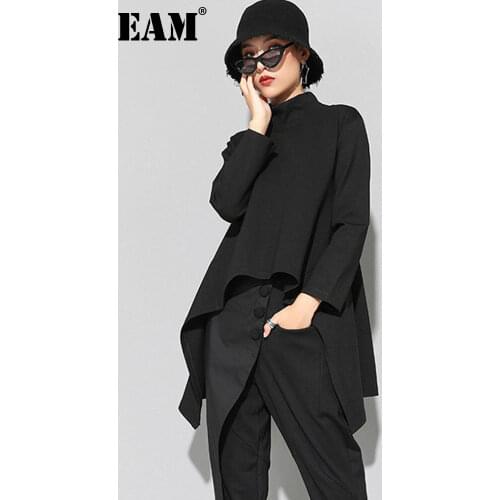 [EAM] 2021New Spring Autumn High Collar Long Sleeve Black Irregular Hem Loose T-shirt Women Fashion Tide All-match JK397