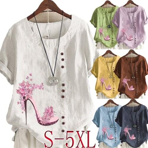 Womens New Fashion O-neck Floral High-heeled Shoes Printed Short Sleeve Tops Loose Linen T-Shirt Casual Blouse S-5XL