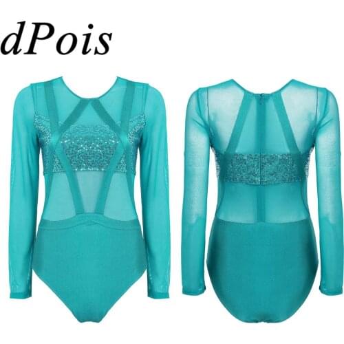 Women Ballet Dance Wear Rhythmic Gymnastic Leotard Bodysuit Adult Ballerina Long Sleeves Shiny Sequins Mesh Praise Dancing Dress