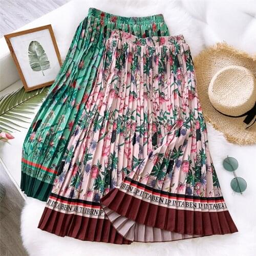 New Arrival Women Floral Printed Vintage Pleated Long Skirts High Waist Harajuku Tulle A-Line Mid-Calf Skirts