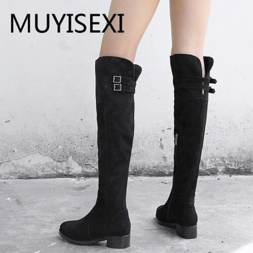 Antiskid Flat Thigh High Boots Over the Knee Boots Black Women Full Real Suede Genuine Leather Knee High Winter LDI04 MUYISEXI
