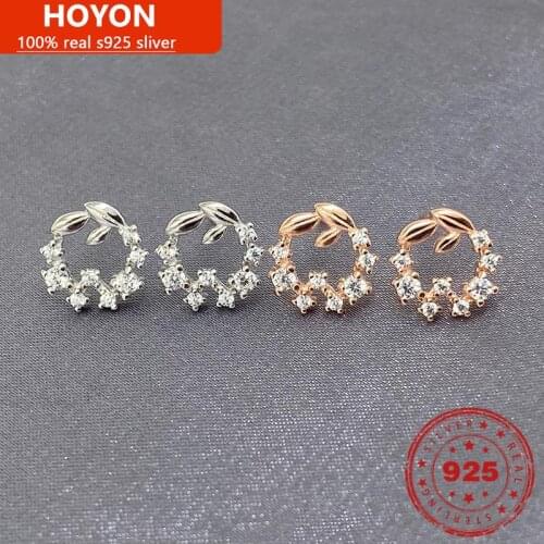 Elegant S925 Sterling Silver Circle Leaf Earrings For Women 100% Real S925 Silver Stud Earring Rose Gold White Gold Fine Jewelry