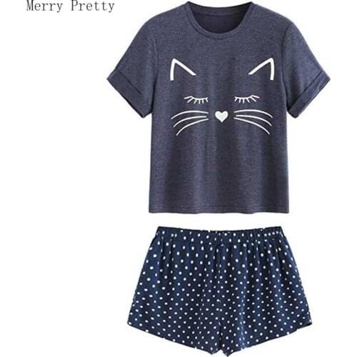 Womens Stes Tops And Shorts Cartoon Cat Print Short Sleeve O Neck T Shirts Hight Waist Hot Mini Shorts Two Piece Clothing