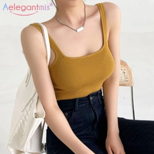 Aelegantmis Knitted Ribbed Crop Tank Top Women Vintage Black Casual Fitness Short Sexy Womens Tube Top Summer Fashion Clothes