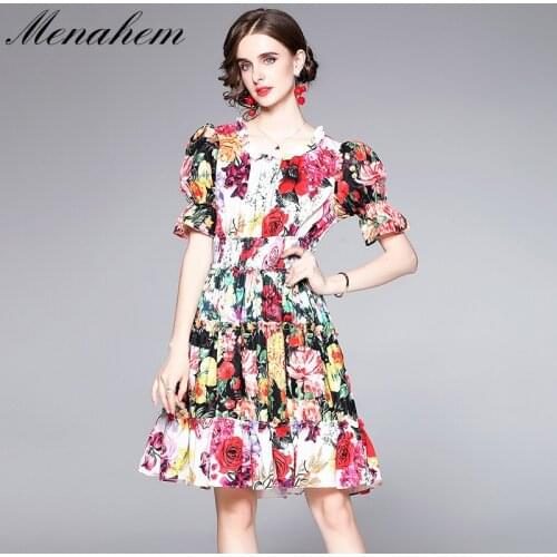 Menahem Runway Floral Dress 2021 Summer Women Short Puff Sleeve Flower Print Elastic Waist Stitching Ruffles Ball Gown Vestidos