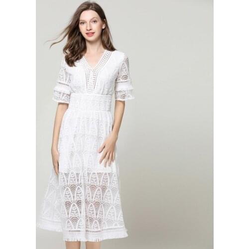 Womens New Fashion Hollow Summer Lace Fringed Mid-Length High-Waist Slim-Fit Seaside Holiday Short-Sleeve Dress