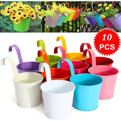 10Pcs Multicolor Iron Hanging Flowerpot Garden Balcony Fence Wall Hanging Metal Flowerpot Outdoor Wrought Iron Decoration