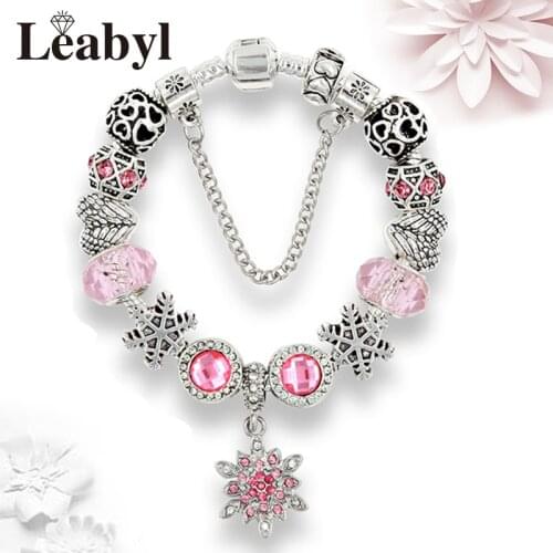 2020 New Classic Pink Crystal Snowflake Charm Pendant Bracelet & Bangle Silver Color Heart Wings Bead Bracelet DIY Jewelry Gift