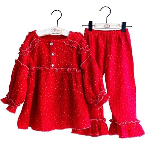 Childrens Pajamas Set Girl Princess Homewear Set Girls' Long-Sleeved Cotton Red Kids Christmas Pajamas