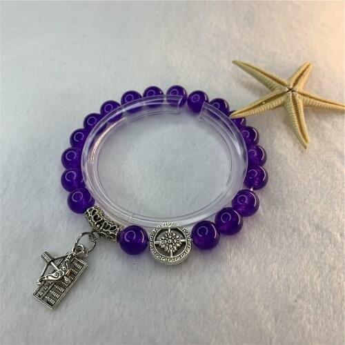 Cute/Romantic 8mm Natural Stone Purple Crystal Jades Yoga Jewelry Gifts Charm Bracelet Womens Pendant Chain 7.5inch Y897