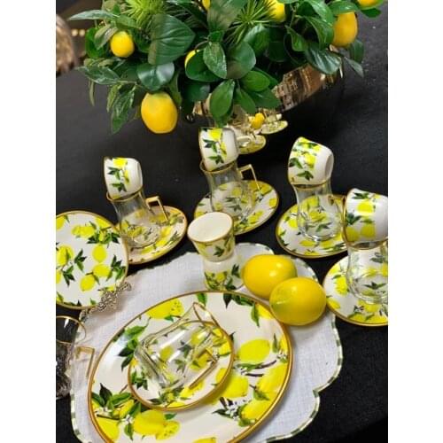 Drop Efe Handled Tea & Arabian Coffee Cup Set 18 Pieces Lemon White