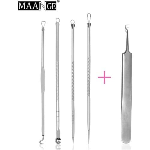 MAANGE 5PCS Face Blackhead Remover Extractor Cleaner Acne Tool Pimple Extractor Facial Cleansing Acne Tweezer Comedo Set