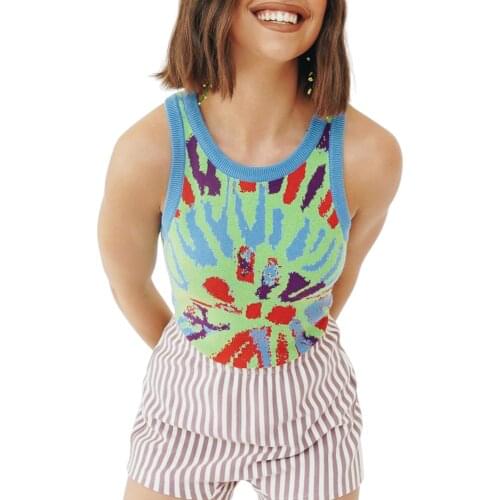 2021 New Women Knitted Vest Variegated Color Round Collar Sleeveless Off-the-shoulder Tops S/ M/ L