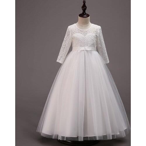 New Girls Party Dresses Kids Long Sleeves Lace Tulle Long Maxi Party Wedding Dress Formal Kids Clothes Ball Gown