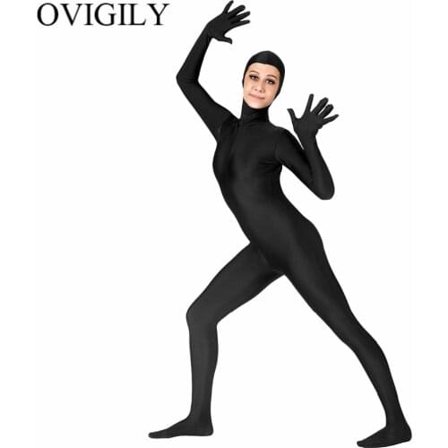 OVIGILY Womens Black Zentai Suit Open Face Lycra Dance Unitard Spandex Long Sleeve Bodysuits Catsuit Stage Performance Costumes