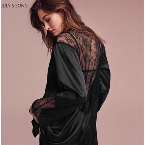 JULYS SONG Satin Lace Pajamas Nightdress Sexy Robe Female V-neck Belt Mid-length Splicing Long-sleeved Spring Autumn Sleepwear
