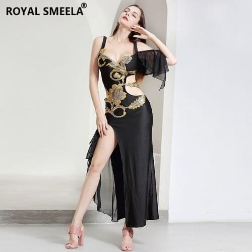 Spaghetti Strap Maxi Dress Women Dancing Dress Sexy Dance Costume Sequin Embroidered Indian Dancing Outfit Hollow Out Long Skirt
