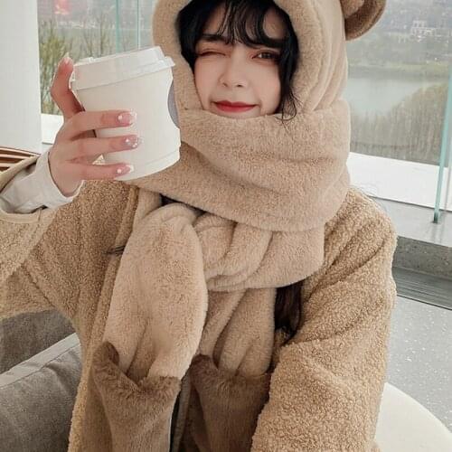 094B Fuzzy Headwear Plush Made Bear Hats Attached with Gloves in -One -Piece DesignWinter Warm Keeping & Wind Protection