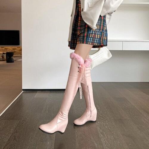 Neckline Real Rabbit Fur Wedge Flat Knee-Length Stretch Boots Lolita Style Ribbon Side Zipper Bow Warm Womens Boots Long Boots