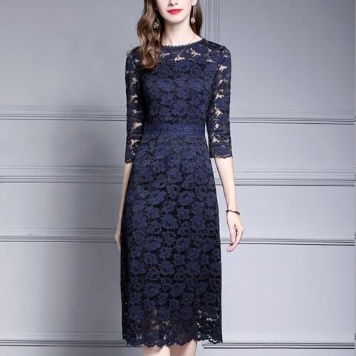 Spring Summer Womens Female Slim Navy Lace Hollow Out Long Dress , 2020 Women Clothes , Elegant 4xl Dresses for Woman