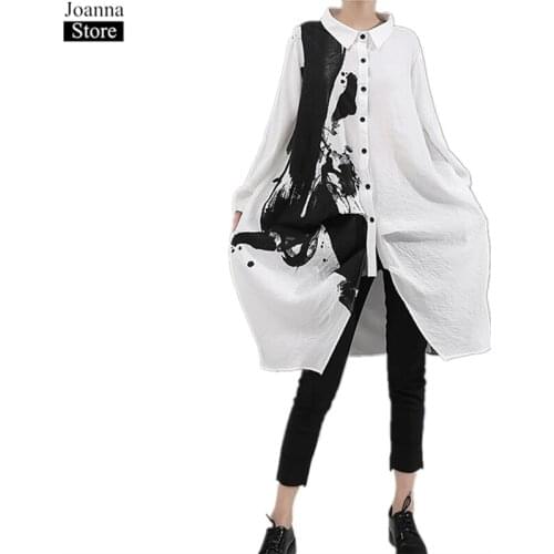 Spring Summer Print Long Shirt Women Long Sleeve Single-Breasted Loose Blouse White Short Sleeve Vintage Shirt Plus Size Clothes
