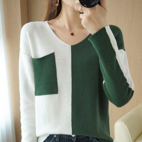 Pure Cotton Knitting Shirt Womens Pullover Bottoming Sweater Stitching Long-Sleeved Casual Loose Tops Spring Autumn Hot Models