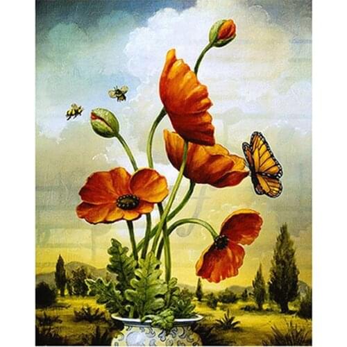Cross Stitch 5D Diamond Painting Flowers Poppy And Butterfly Full Rhinestone Embroidery Home Decoration Oil Pastoral Yarn Canvas