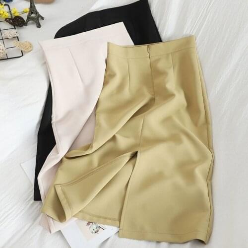 Korean Fashion High Waist Split A-line Skirt Women Spring Elegant Office Lady Empire Mid-Calf Skirts Female