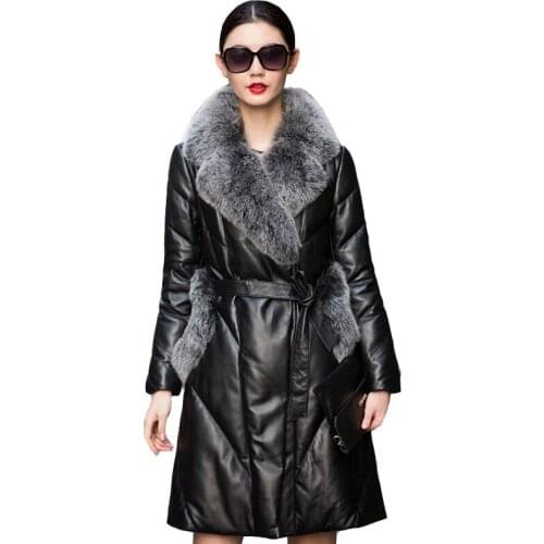 2019 Winter New Arrival Womens Fox Fur Real Sheepskin Leather Jackets Quality Genuine Leather Coat Long White Duck Down Jacket