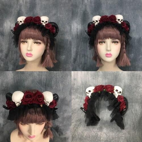 Women Sheep Horn Headdress Lace Flower Skull Headband for Halloween Party Christmas Creative Carnival Hair Accessories