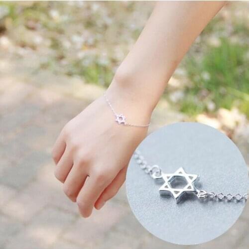 Fine 925 Sterling Silver Korean Classic Fashion Six-pointed Star Hollow Personality Bracelets for Women Adjustable Size SB108