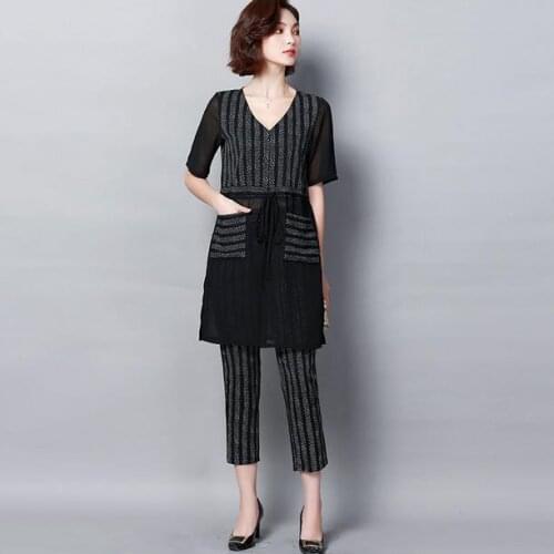 2019 Summer Two Piece Outfits Tracksuits for Women Co-ord Set Plus Size Large Pants Suits and Top Striped Clothing AE955