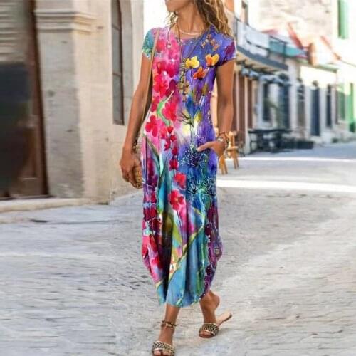 Plus Size Vintage Party Dresses New For Women Floral Print Short Sleeve Summer Dress Women Sundress Pocket Beach Long Dress Boho