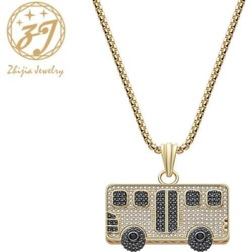 Zhijia full crystal zircon inlaid creative bus pendant design new chain necklace male female jewelry party gifts