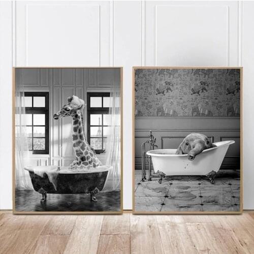 Animal in Bathtub Poster Elephant Giraffe Posters and Prints Bubble Canvas Painting Nursery Wall Art Nordic Pictures Kids Room