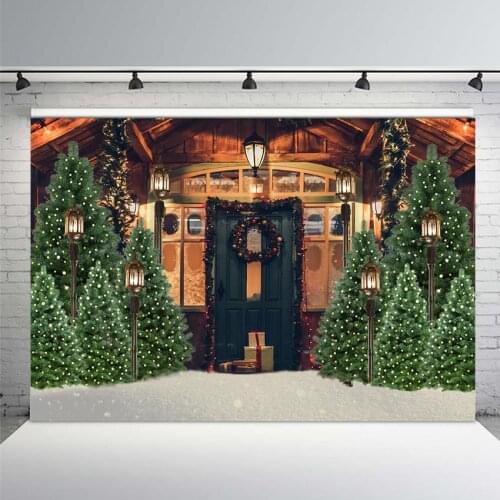 Winter Christmas Photography Backdrops Wooden House Tree Snowflake Background Decorations Photo Shoot Props Supplies