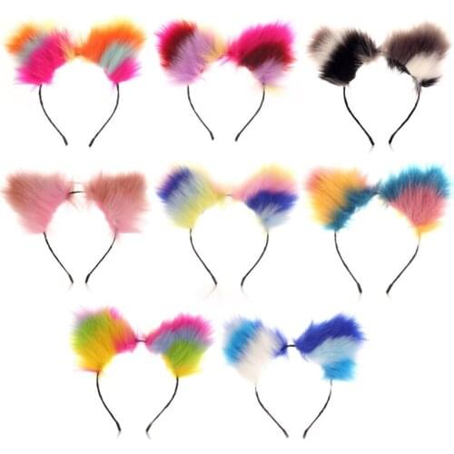 Rainbow Colorful Long Furry Cat Ears Headband Lolita Kawaii Anime Fluffy Animal Hair Hoop Holiday Cosplay Party Bandana C1FE