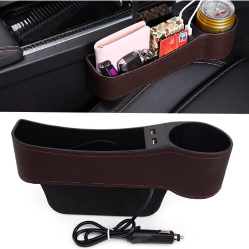 Brown Console Right Side Universal Car Seat Slit Storage Box Organizer Pocket wiht 2 USB Ports