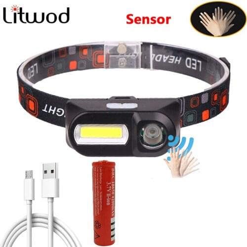 Powerful LED Headlight COB Sensor Function Headlamp Head Lamp Flashlight USB Rechargeable 18650 Torch Night Camping Headlights