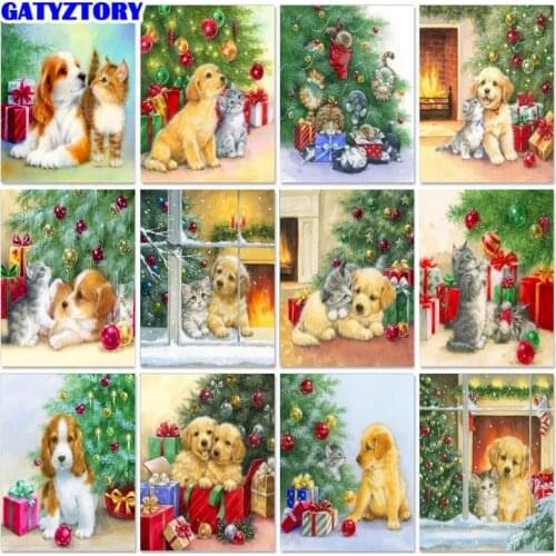 GATYZTORY 60x75cm Christmas Dog Coloring By Numbers Painting Set Acrylic Paints Painting On Canvas Handmade Crafts Adults Drawin
