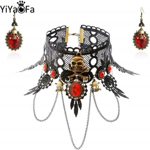 YiYaoFa Exaggerated Skull Jewelry Set Gothic Black Lace Skeleton Necklace & Earring Women Accessories Party Jewelry FYS-03