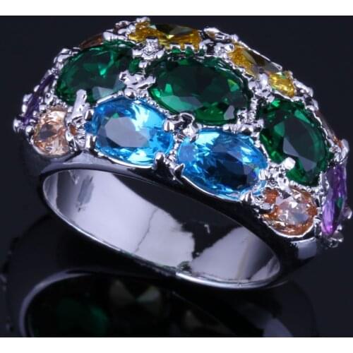Incredible Oval Multigem Multicolor Green Cubic Zirconia Silver Plated Ring V0586