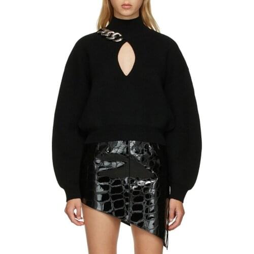 Hollow Out Knitted Sweaters For Women Turtleneck Long Sleeve Casual Loose Oversized Chain Pullovers Female Fashion Clothing