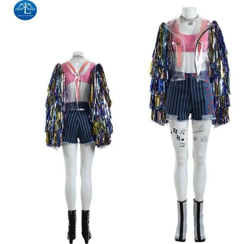 Female Joker Quinn Cosplay Costume Birds Of Prey Halloween Outfit TPU Clear Jacket with Necklace Stars Shorts Suspenders