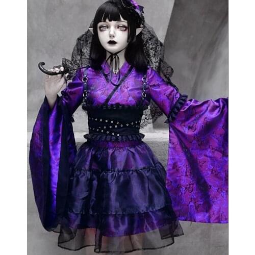 Women girl Purple Butterfly Dream Gothic Lolita punk vibration sleeve singers improved kimono suit Gothic Lolita cosplay dress