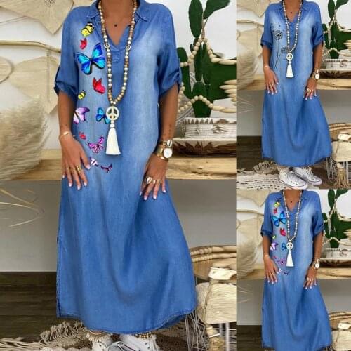 Casual Women Dress Retro Butterflies Print Split V Neck Half Sleeve Dress Denim Loose Long Dress for Party