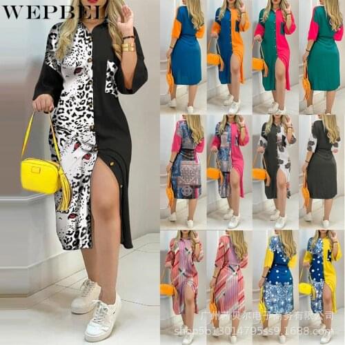 WEPBEL Women Elegant Patchwork Shirt Dress Ladies Casual Fashion Long Sleeve Turn Down Collar Single Breasted Long Dress