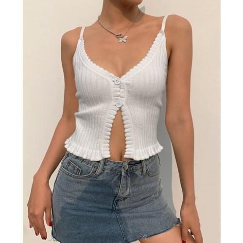 Kili Womens European and American Style Solid Color Buttoned V-Neck Small Sling Womens Inner Base Coat White